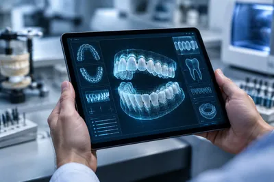 Tablet showing a 3D digital scan of upper and lower dental arches
