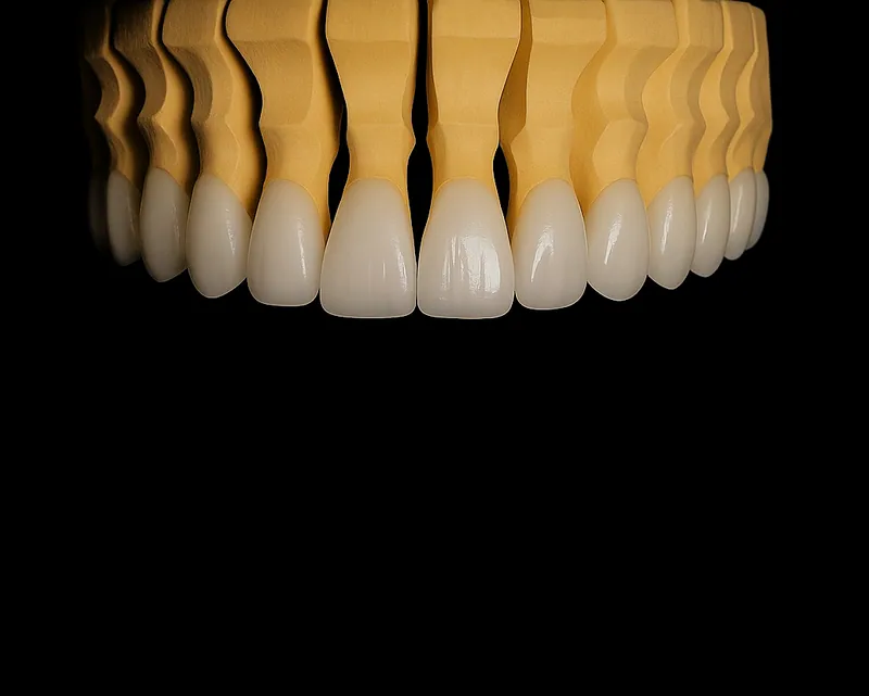 Set of handcrafted ceramic teeth arranged in an arch on a black background