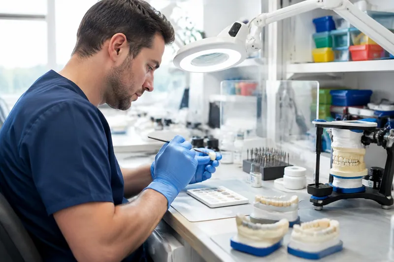 Dental technician in blue gloves shaping a crown at a lab bench beside models on an articulator